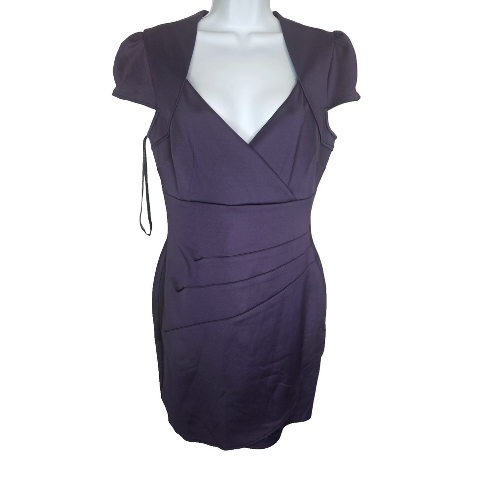 GUESS Purple Sheath Dress 12 V Neck Ruched Bodycon Cocktail Glam Feminine
